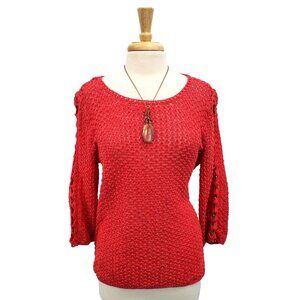 Chico's Red Crochet Sweater Womens Size 2 (L) Open Knit Peakaboo Sleeves Mature